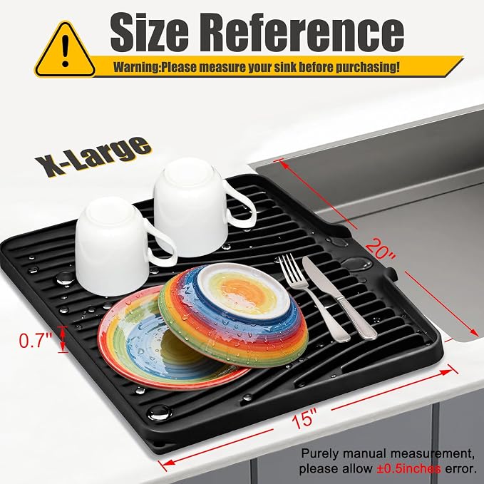 TIKNIK Silicone Dish Drying Mat for Kitchen Counter, Black-1pc, 20" x 15" | Heat Resistant & Non-Slip Dish Drain Pad with Built-In Drain, Dishwasher Safe, Quick-Dry, Hangable & Roll-Up for Storage - Image 2