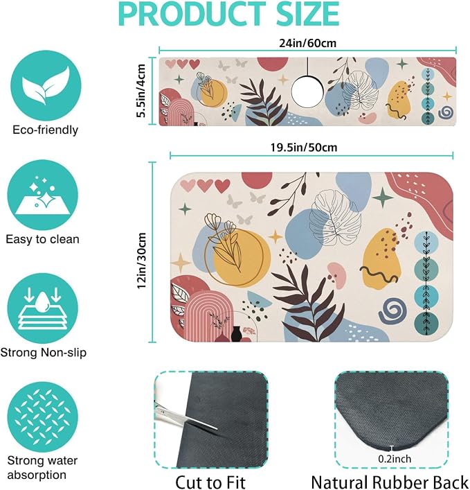 Dish Drying Mat for Kitchen Counter Matt, 2PCS 19"x12" Dish Drainer Mat & 24"x5.5" Sink Splash Guard, Super Absorbent Non-slip Rubber Backed - Image 2