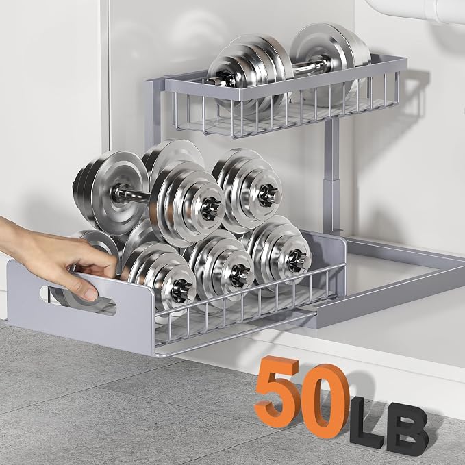 Under Sink Organizer, L-Shaped 2 Tier Pull Out Cabinet Organizer | For Kitchen and Bathroom, Slide Out Under Cabinet Storage, Metal Under Sink Storage with Sliding Drawer, 50 lbs, Grey 2 Pack - Image 3