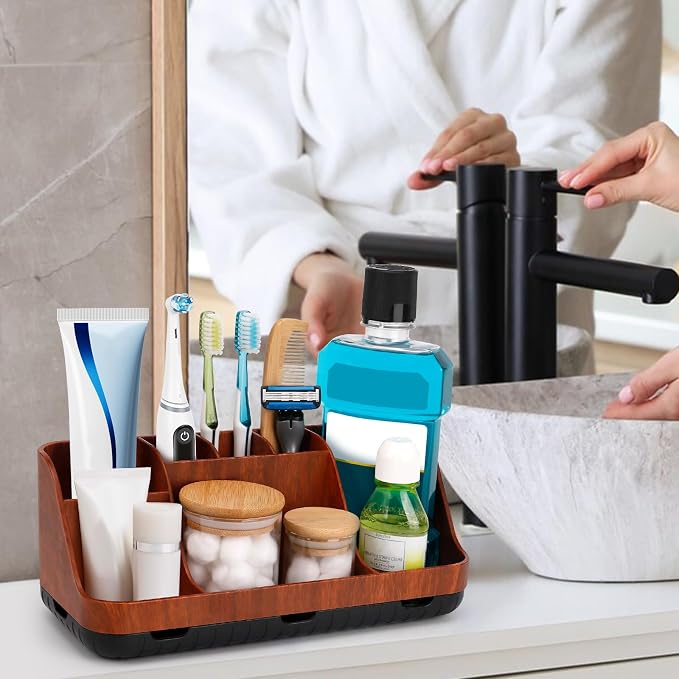 GFWARE Bathroom Decor and Accessories - Detachable 7 Slots Kids Electric Toothbrush and Toothpaste Holde for Bathroom Tray Countertop Vanity Storage, Bathroom Sink Storage Organizer, Red Wood - Image 2
