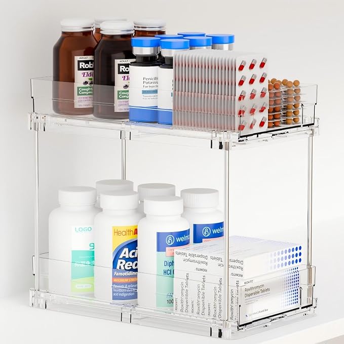 2 Tier Pull Out Cabinet Organizer and Medicine Cabinet Storage for Supplement,Vitamin,Medication and Pill Bottle,10.4" Deep Pantry Organizers Drawer,Under Sink Organizer for Bathroom,Cupboard by Yieach