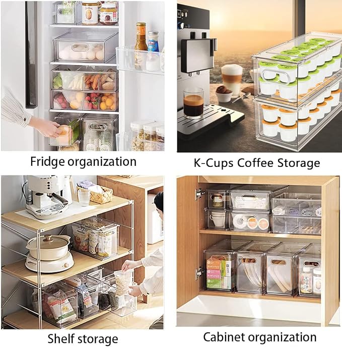 Mano Fridge Drawer Pull Out Stackable Bins with Handle Clear Refrigerator Drawers Organizer Food Storage Container Box with Dividers Plastic Produce Saver for Pantry, Cabinet, Kitchen, Clothes（4Pack） - Image 4