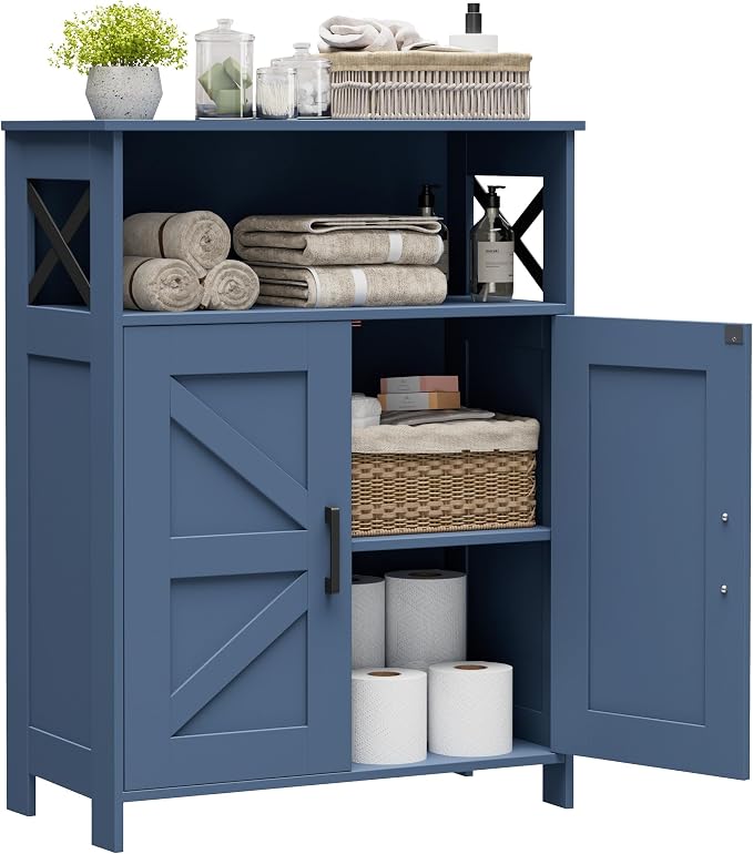 Homhedy Farmhouse Bathroom Storage Cabinet with Doors, Small Floor Cabinet | Toilet Paper Cabinet with Adjustable Shelf, Freestanding Storage Cabinet for Kitchen/Laundry/Living Room, 24"W, Blue by Homhedy