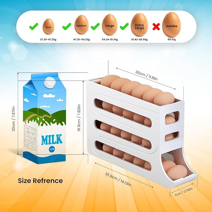 ZAYLAN Auto-Rolling Egg Holder for Fridge – 4-Tier Space-Saving Dispenser Holds 28 Eggs, White Organizer with FREE Flower Egg Cutter - Image 2