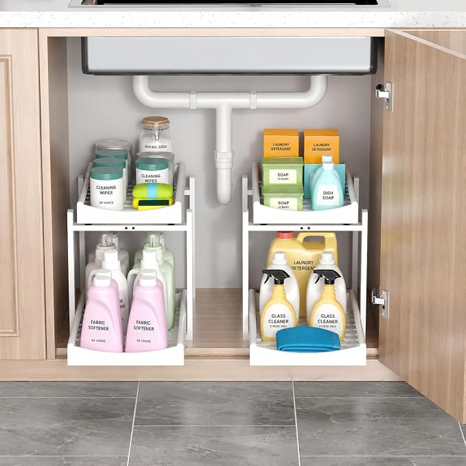 MHXW SXPN Bamboo Under Sink Organizer, 2 Pack Pull Out Cabinet Organizer | 2 Tier Vertical Smooth Slide Out Undersink Storage Shelf | Multi-Purpose Organizer Shelves for Kitchen Bathroom Medicine - Image 5