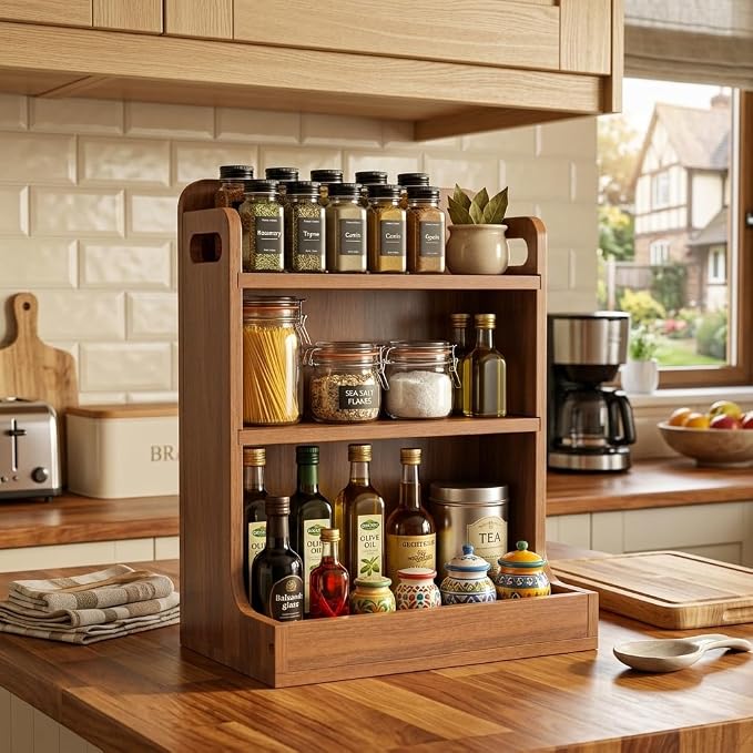 Solid Wood 3-Tier Spice Rack Countertop Organizer Kitchen Storage Shelf | Sturdy wood desktop shelf for spices, coffee bars & bathroom vanities. Features portable handles & full back stability. - Image 5