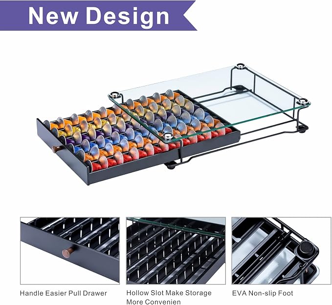 Nespresso Originaline Capsule Holder Drawer, 60 Pods, Glass | Save Counter Space, Smooth Pull-Out, Big Capacity for Cabinet Originaline Pod, Wooden handle - Image 5