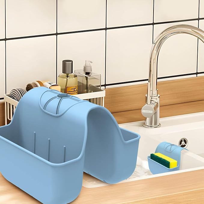 Sponge Holder for Kitchen Sink, Silicone Sink Saddle Caddy Organizer Rack, Sponges Holder Over Faucet, Hanging Kitchen Organizer Accessories Rack Basket Light Blue by Unknown