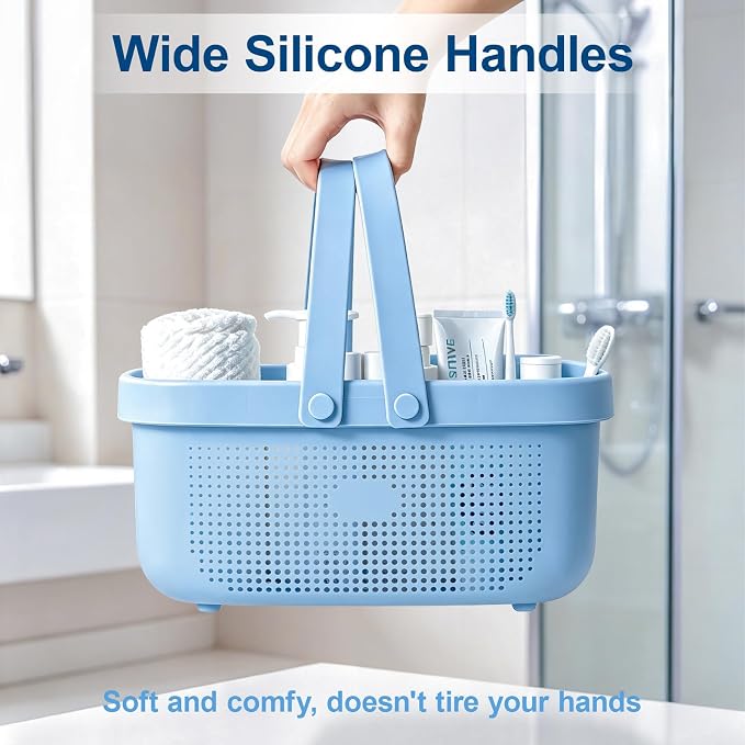 Portable Shower Caddy Basket with Handles Plastic Storage Basket Blue | Sturdy Drainage Large Capacity Organizer Basket with Silicone Handles for Bathroom Kitchen Bedroom College Dorm Essentials - Image 4