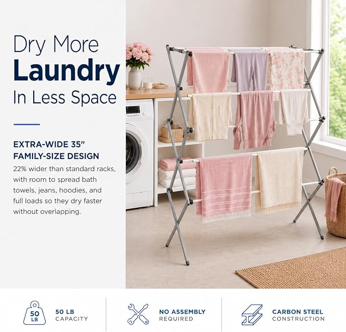 Honey-Can-Do Oversized Clothes Drying Rack, 35" Wide, 50 lb, Grey | Extra-wide 35" family-size rack holds 50lb of laundry. Rust-resistant steel folds flat; indoor or outdoor use. No Assembly - Image 2