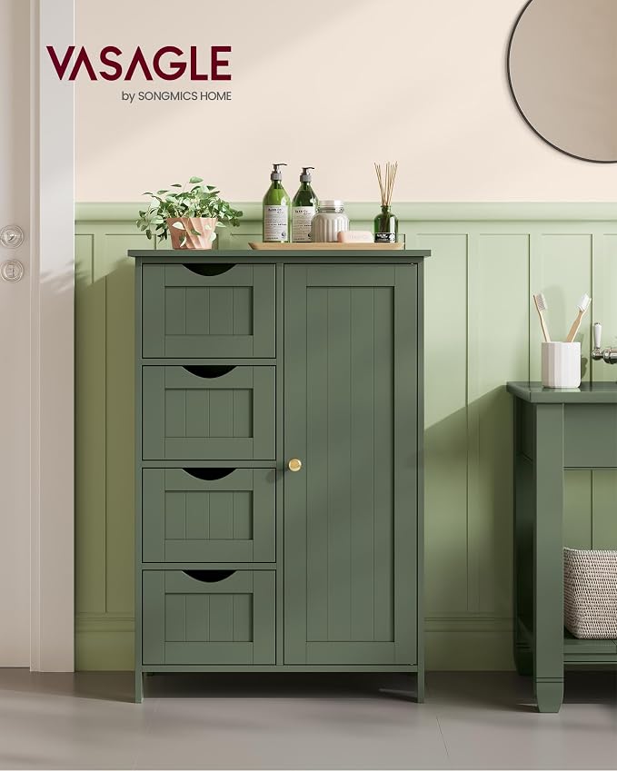 VASAGLE Storage Cabinet with Drawers, Freestanding Floor Cabinet with Door, 11.8 x 21.7 x 32.3 Inches, Adjustable Shelf, for Bathroom, Living Room, Kitchen, Forest Green ULHC041CH01S - Image 2