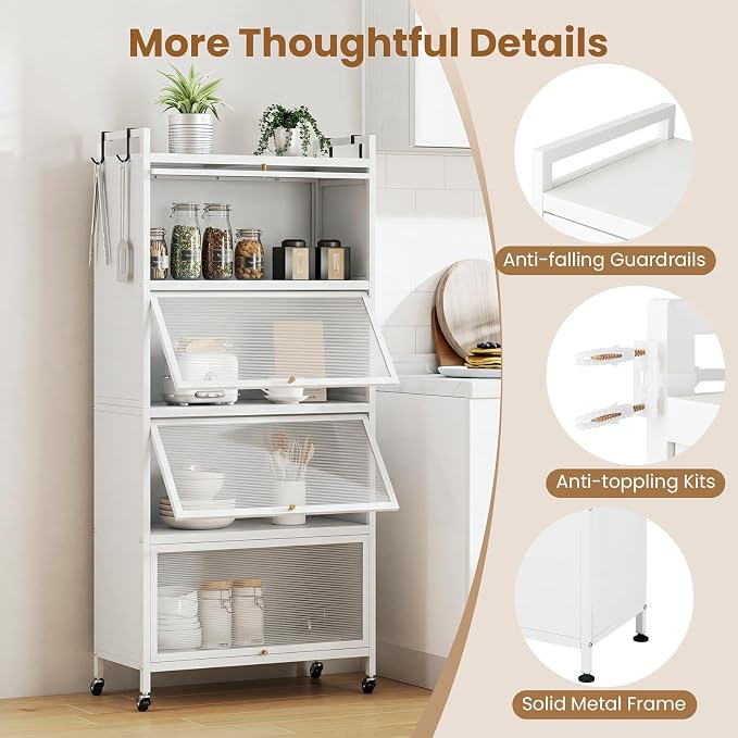 GIANTEX 5-Tier Kitchen Storage Cabinet, 4 PC Doors, Rolling Wheels (White) | Mobile Metal Pantry Cabinet with 4 Hooks & Adjustable Feet, Baker's Rack Microwave Stand for Dining & Living Room - Image 5