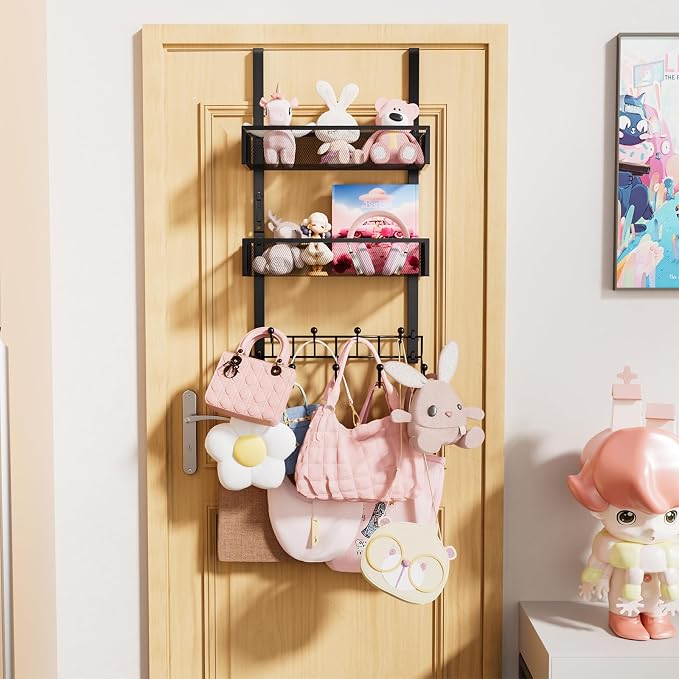 Consumest Over The Door Hooks Organizer - 3 Tier Door Hanger with 9 Coat Hooks & 2 Mesh Basket, Back Storage Organizer Hanging Towels for Bathroom, Bedroom, Black - Image 5