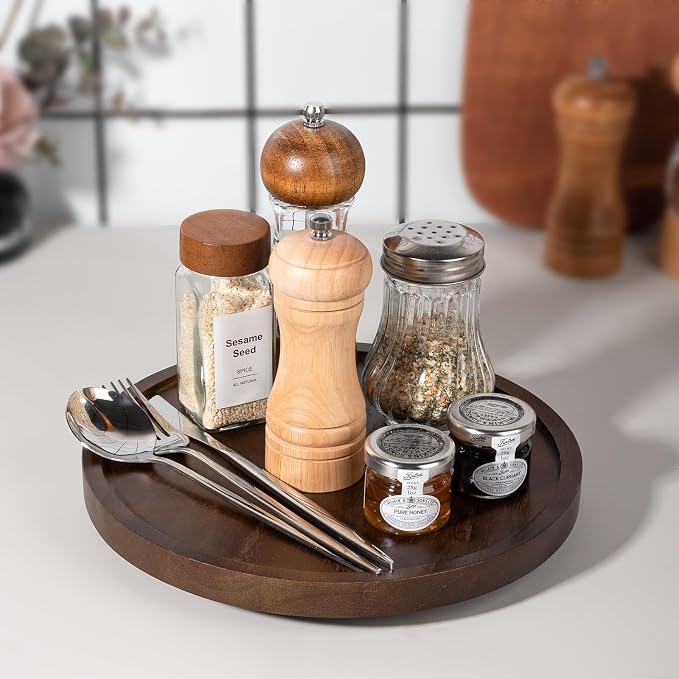 Wood Lazy Susan Organizer Kitchen Turntable for Cabinet Farmhouse Bathroom Decor Round Decorative Tray for Vanity, Counter, Sink, Coffee Table, 10 Inch, Walnut | waterpoof, East clean, Non-slip, Pantry Table Decorative Tray for condiment, spice - Image 2