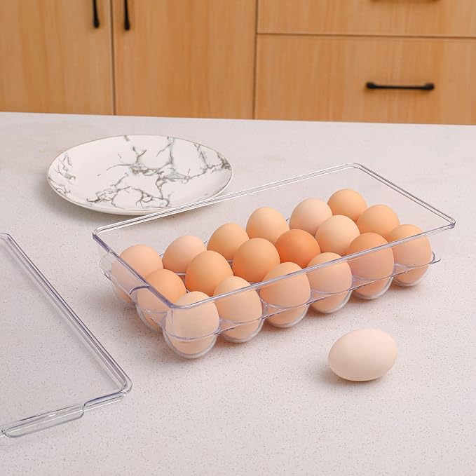 Sooyee 2 Pack Egg Holder for Refrigerator, Plastic Egg Storage Container, Fridge Egg Organizer, Clear Refrigerator Organizer Bins with Lids, Stackable Tray Holds 18 Eggs - Image 5