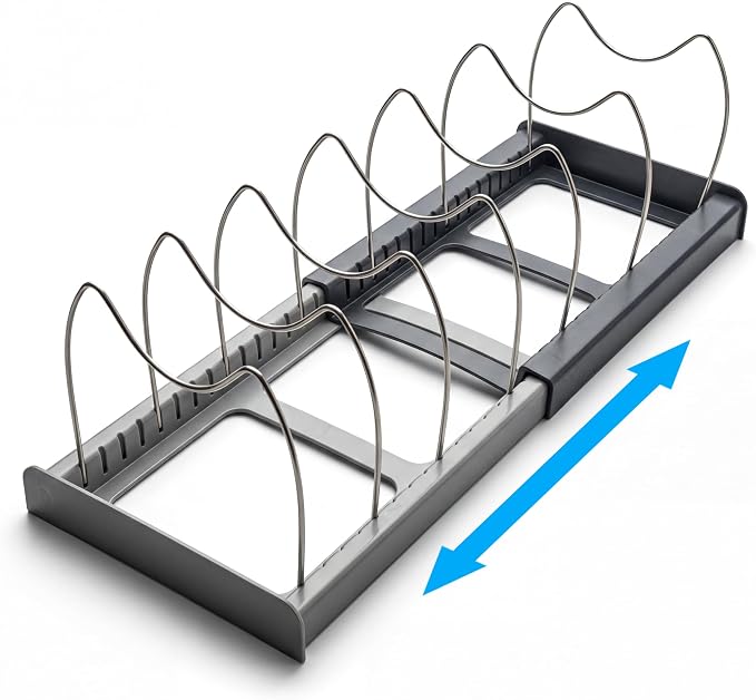 Pot Lids Organizer Rack for Cabinet and Countertop - 7+ Pan Lids and Bakeware Organizer Rack Holder, Expandable 12" to 22" with 7 Dividers, Base for Lids, Bakeware, Cookware Storage, Grey by Tenrry