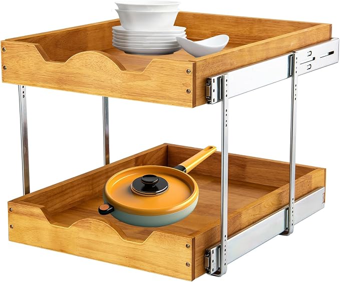 DINDON 2 Tier Pull Out Cabinet Organizer (14" W x 18" D) Slide Out Wood Drawer, Two Tier Sliding Shelf Organization and Storage… by DINDON