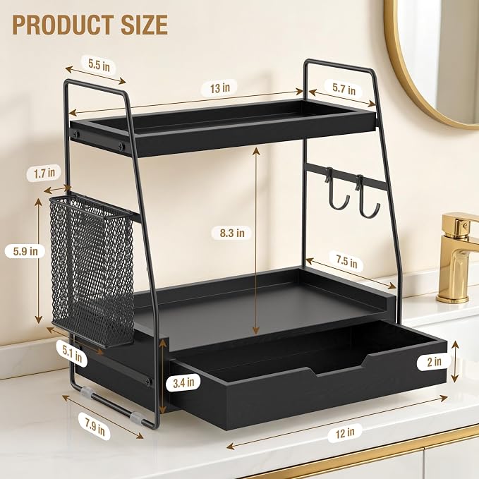 2-Tier Bathroom Counter Organizer with Drawer, Wood Counter Storage Shelf | Bathroom Vanity Organizer Countertop for Makeup, Skincare, Perfume, with Removable Basket, 13.4" x 7.9" x 14.5", Black - Image 2