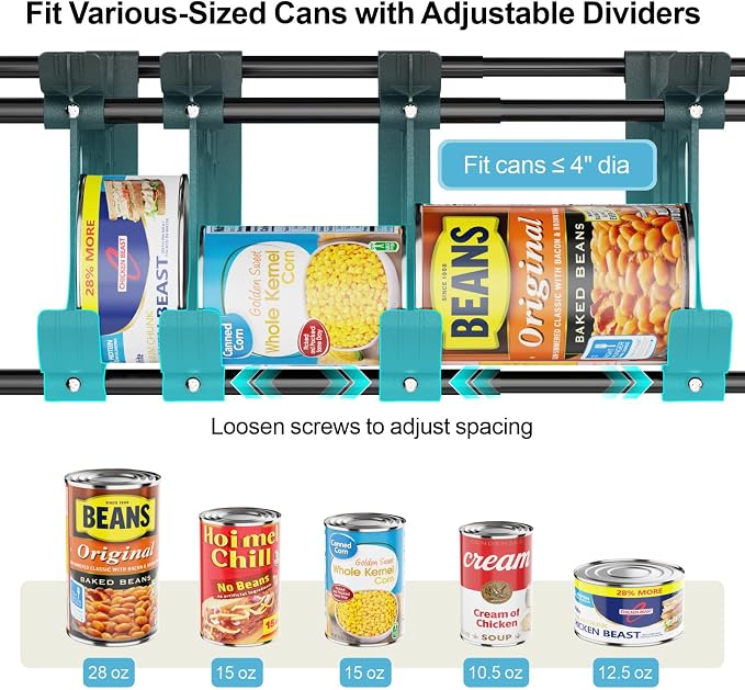 Can Storage Organizer Pantry - Auto-Rolling Expandable Hold 80 Cans | Stackable For Walk-in Deep Pantry Shelf, Adjustable Width for Food Cans, Sturdy Metal Frame, Easy Access & Restocking, Black - Image 3