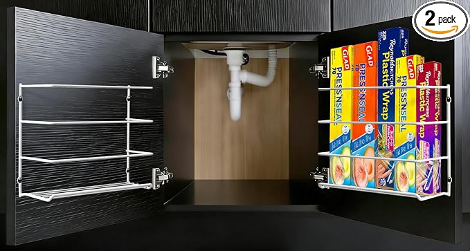 Premium 2-Pack Heavy Duty Kitchen Wrap Organizer, Extra Thick & Sturdy Metal Wire Rack for Cabinet Door, Holds Foil, Plastic Wrap, Wax Paper, Bags, Space Saving Under Sink or Pantry Storage Holder by GowithKevenal