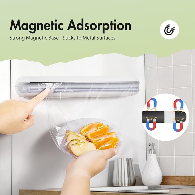 Aluminum Foil & Plastic Wrap Dispenser with Cutter - Easy One-Hand Operation, Space-Saving Kitchen Organizer for Worktops & Cabinets, Magnetic Cling Film Dispenser - Fits 12" Rolls, Gray - Image 3