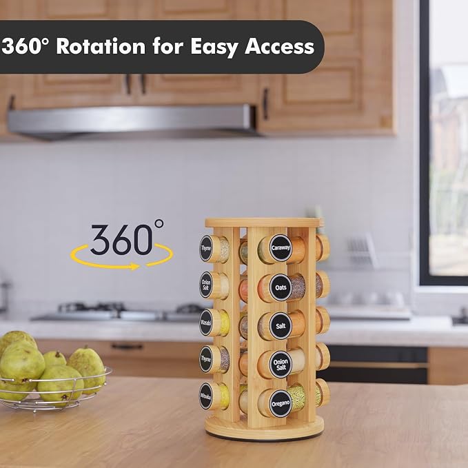 Revolving Spice Rack Set with 20 Spice Jars, Kitchen Spice Tower Organizer for Countertop or Cabinet - Carousel Storage Includes 386 Spice Labels (Bamboo) - Image 3