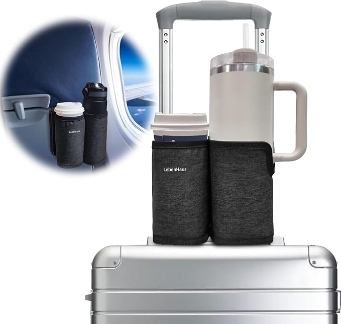 2 in 1 Luggage Cup Holder for Suitcase Airplane Drink Carrier Travel Black | Airplane cup holder|for stanley cup|Hands Free|Coffee Beverage Organizer Gifts for Travelers by LebenHaus