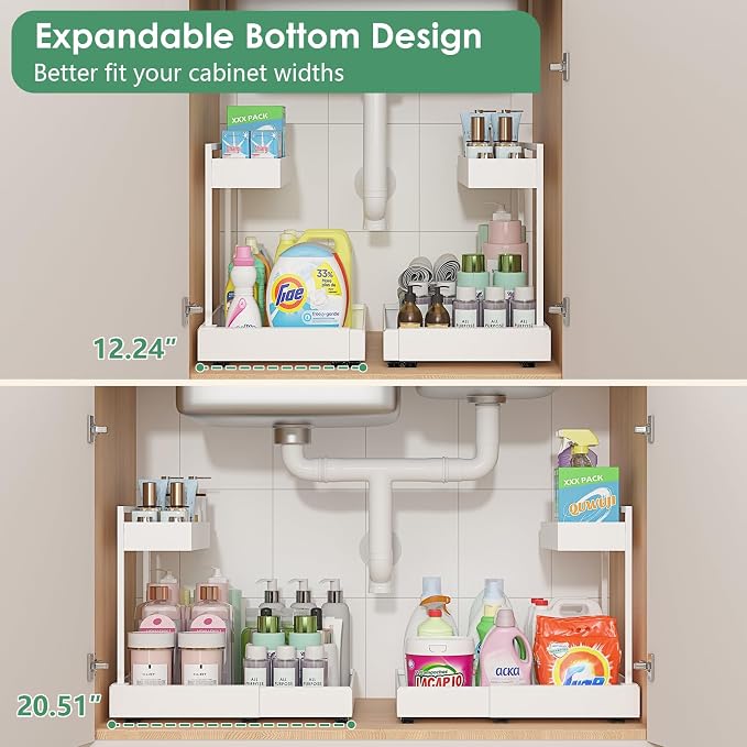 Expandable Under Sink Organizer with 6-Level Height Adjustment | Expandable Width, Pull-Out Cabinet Storage Rack with Quiet Sliding Rails for Kitchen, Bathroom, Laundry Room Cabinets, White - Image 2