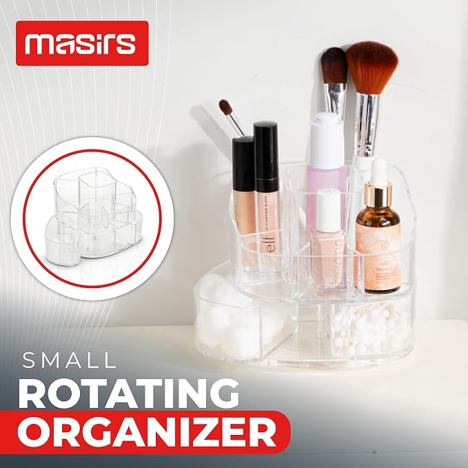 Masirs Small 360 Rotating Makeup Organizer, 5 Compartments, Square Clear | Small 360 Rotating Makeup Organizer, 5 Compartments, Acrylic Mini Lazy Susan, Vanity Bathroom Counter, Square Clear - Image 2