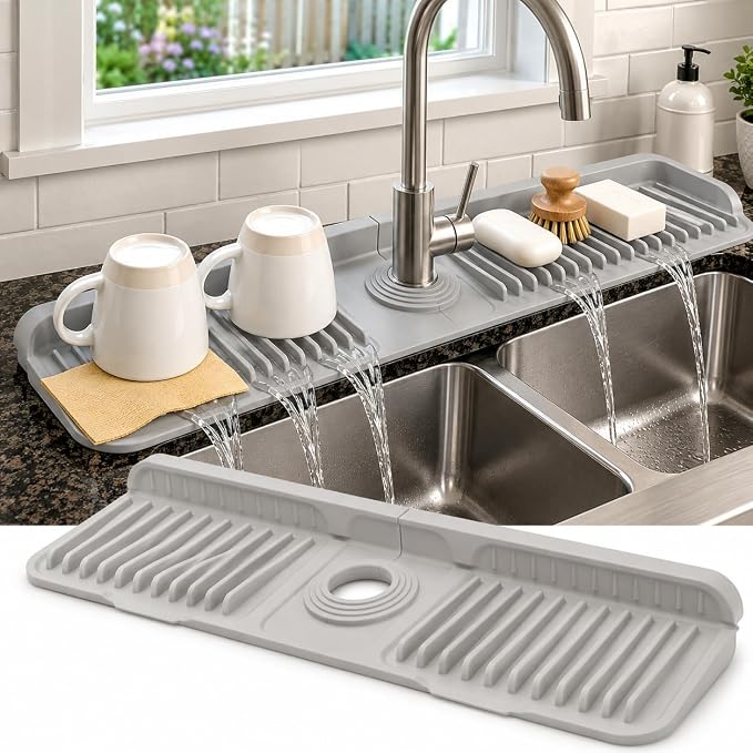 23" Extra Long Silicone Faucet Handle Drip Catcher Tray,7° Sloped Self Draining Mat with Snap-on Design & Soap Holder, Trim-to-Fit Opening,Sink Splash Guard for Kitchen & Bathroom(Light Gray) by Unknown