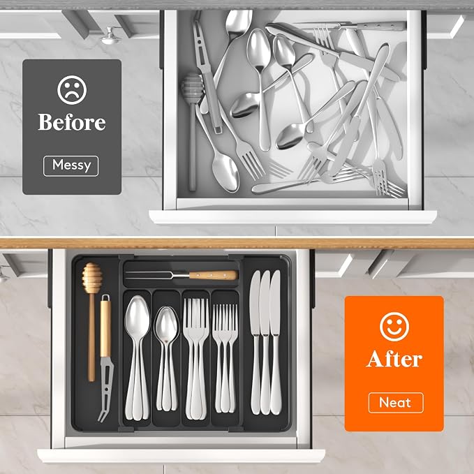 Lifewit Silverware Organizer for Drawer, Expandable Utensil Tray, BPA-Free Adjustable Cutlery Holder for Kitchen Storage, 8.1-13.9 x 11.3, Black - Image 6