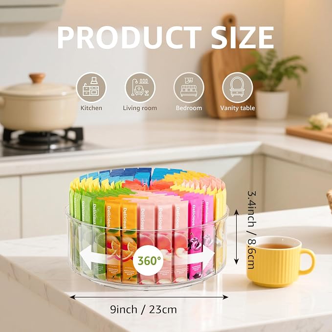 Divided Drink Packet Organizer, Largr Rotating Clear Lazy Susan Turntable | for Powdered Drink Mix, Water Drink Packet Holder, Water Flavor Packet, Coffee, Tea – Space-Saving Countertop Organizer - Image 2