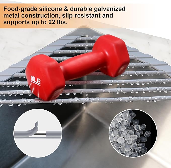 Triangle Roll Up Dish Drying Rack for Sink Corner, Silicone Wrapped Sponge Holder for Kitchen Sink Caddy Organizer Multipurpose Corner Shelf Drainer Mat for RV Kitchen Sink Accessories Counter Storage - Image 3