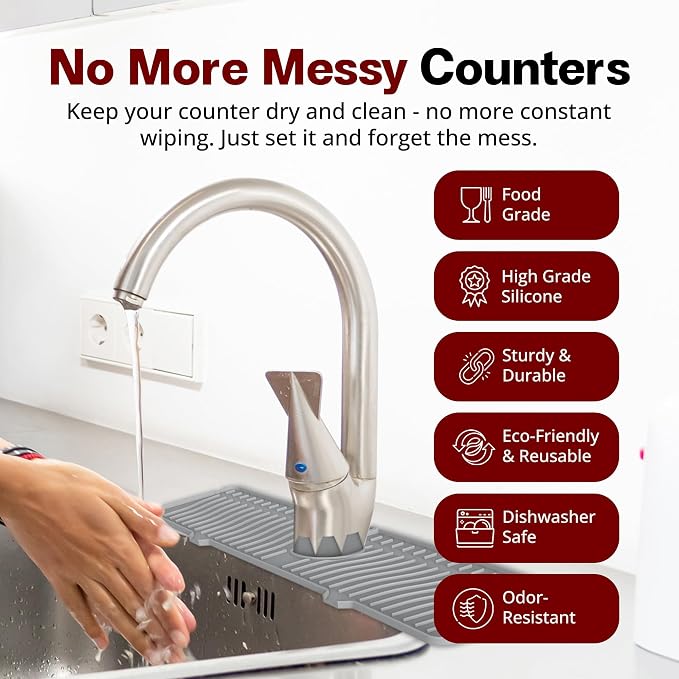 ODRAGO Silicone Kitchen Sink Splash Guard - 24.01 Inch Faucet Mat for Kitchen Sink Water - Longer Faucet Handle Drip Catcher Tray-Sink Guard for Kitchen Sink (Grey) - Image 5