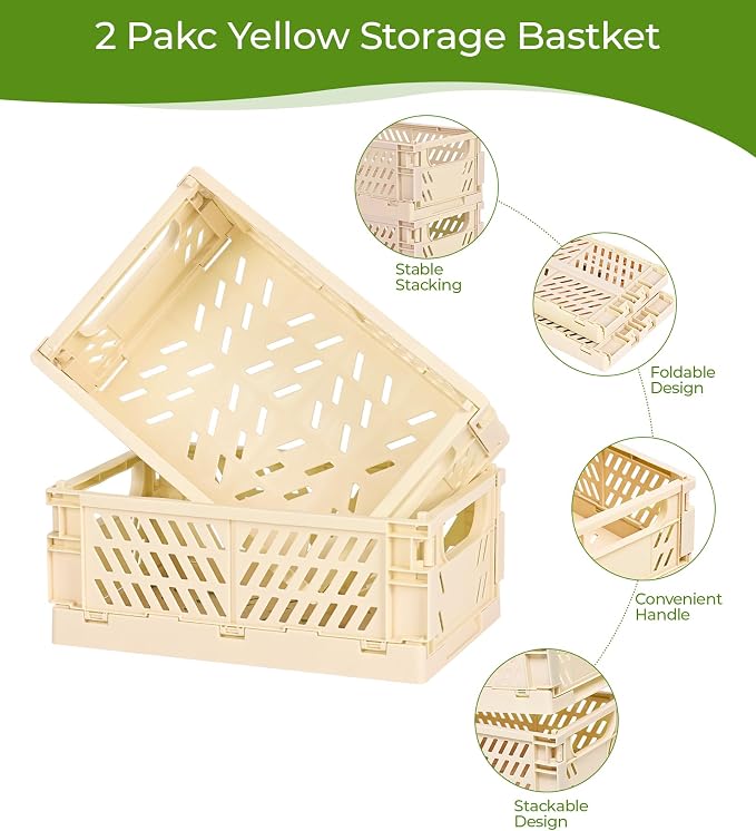 HUUSMOT 4-Pack Collapsible Plastic Storage Baskets, Yellow, 9.8"x6.5"x3.8" | Pastel, Space-Saving, Collapsible Plastic Bins, Cute Mini Storage Crates, for Classroom, Kitchen, Office, Bedroom - Image 2