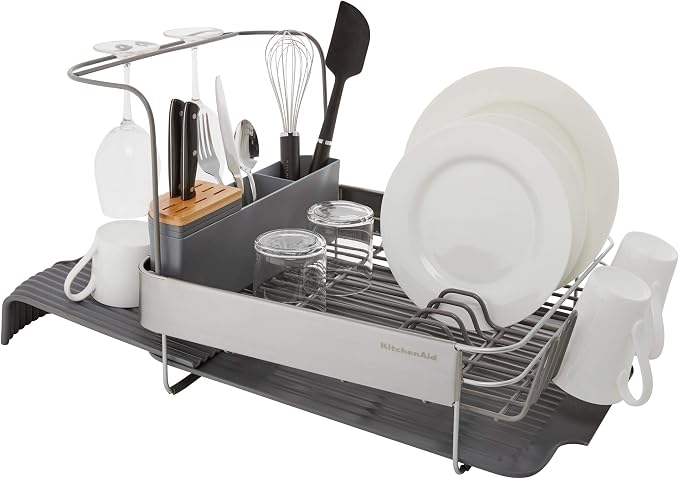 KitchenAid Compact to Full Size Expandable, Rust Resistant Satin Coated Dish Rack with Angled Self Draining Drain Board and Removable Flatware Caddy, 24-Inch, Charcoal - Image 6