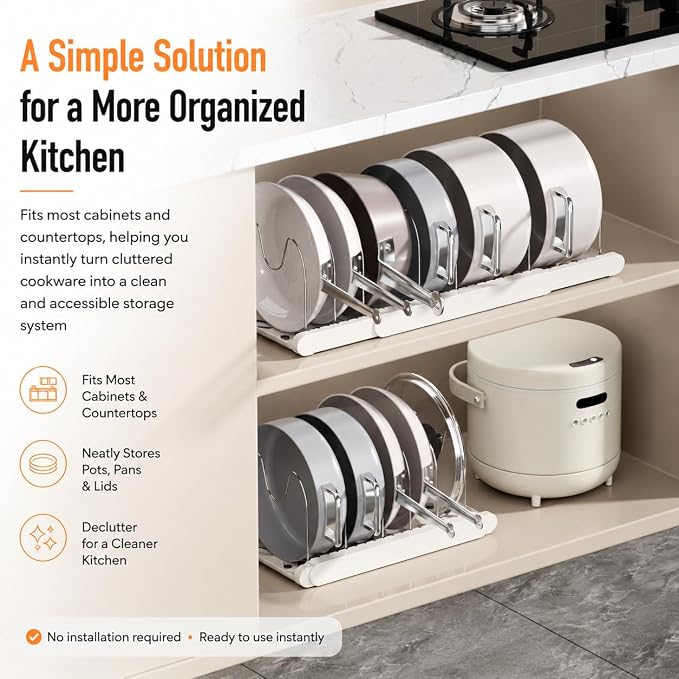 Expandable Pots and Pans Organizer Under Cabinet, Pan Organizer Rack with 9 Adjustable Slots, Pot Lid Holder for Cabinet, Countertop, Plates, Cutting Boards, Baking Sheets-White - Image 7