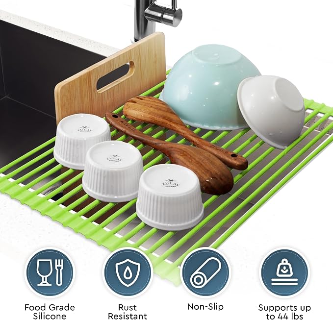 Zulay Kitchen Large Roll Up Dish Drying Rack - Heavy Duty Silicone Wrapped Steel Rods Over Sink Dish Drying Rack - Versatile Roll Up Sink Drying Rack & Trivet - Green,20.5 inches x 13 inches - Image 8