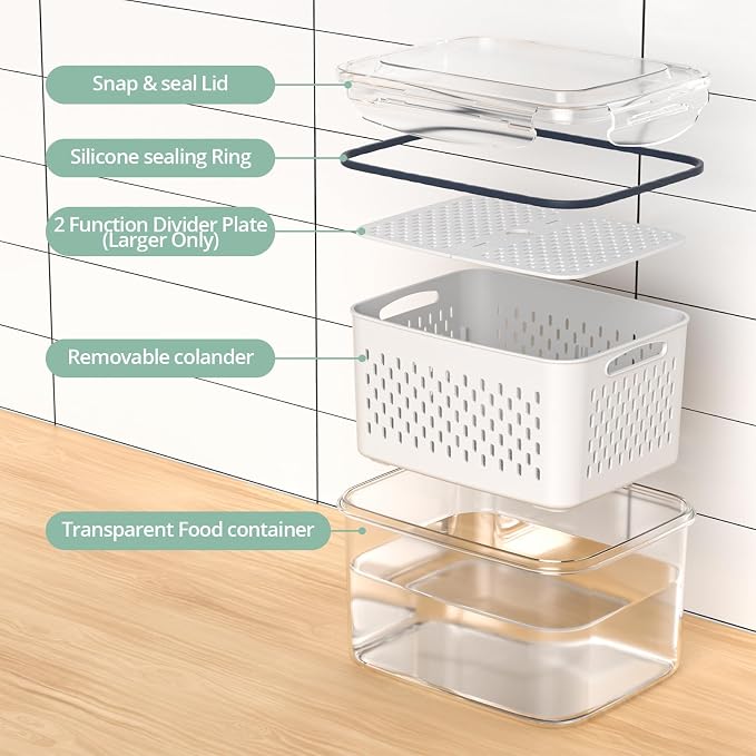 Anysig 8 Pack Fridge Fruit Storage Containers with Removable Colander | Fruit Containers for Fridge with 2 Function Divider Plate, Airtight Storage Container, Dishwasher Safe,Keep Berry Fruit Fresh - Image 4