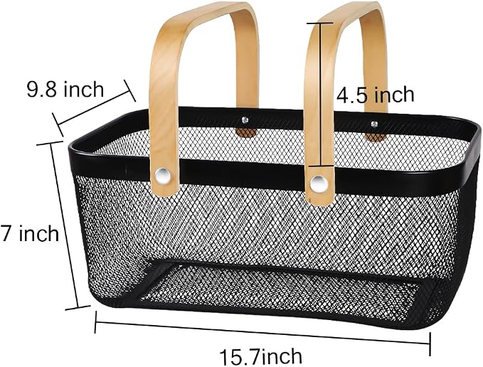 Portable Mesh Harvest Basket - Natural Bamboo Handle Foldable Organizer for Kitchen, Garden & Picnic | Ventilated Storage Bin with Rust-Proof Wire, Space-Saving Farmhouse Decor (Black) - Image 2