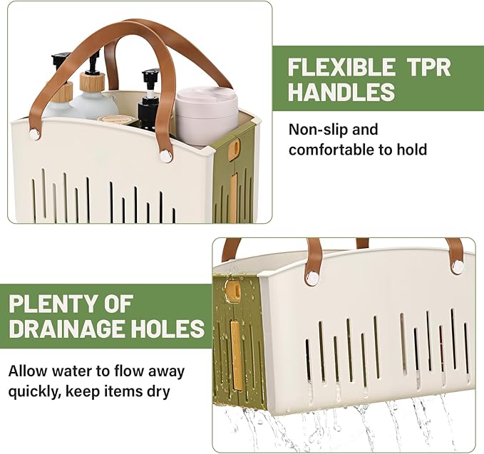 Portable Shower Caddy Collapsible Plastic Shower Basket Tote with Handles Removable Divider, Cleaning Caddy Storage Organizer for Bathroom College Dorm (Green) - Image 3