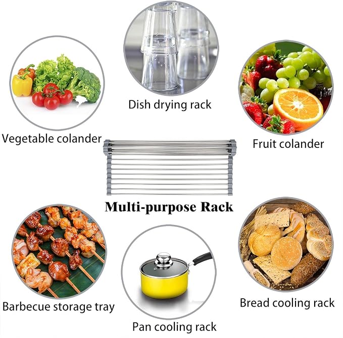 Hhyn Roll Up Dish Drying Rack 20.5"(L) x 13.8"(W), Gray | Stainless Steel and Silicone Dish Drying Mat Over The Sink Foldable Drain Rack Multipurpose Dish Drainer Extra Large - Image 7