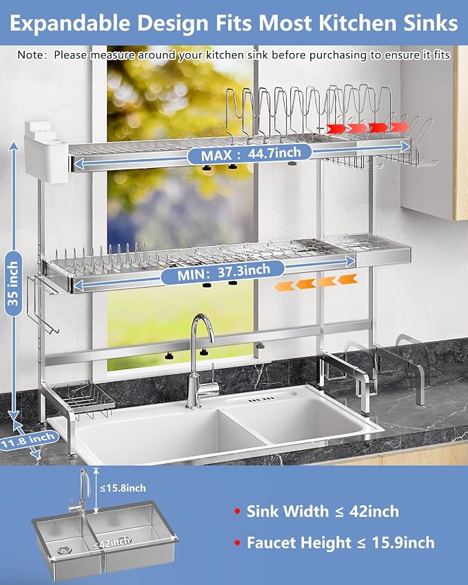 3-Tier Stainless Steel Over-the-Sink Dish Drying Rack, Expandable | Expands from 37.3 to 44.7 inches with three tiers, side hooks and holders to organize cookware, dishes and utensils. - Image 2