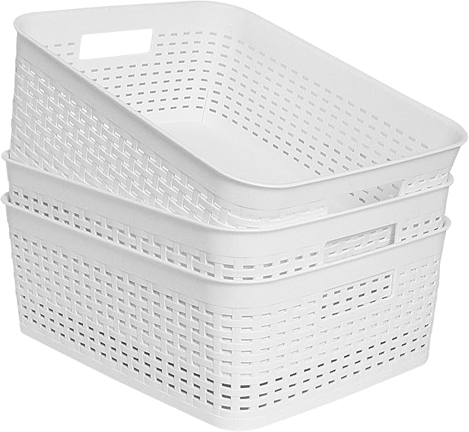 Plastic Storage Baskets for Cabinets, Household Pantry Organization with Handle,Organizer Bins for Room,Bathrooms,Under-Sink,Kitchen (White, M-3PACK) by Soddeph