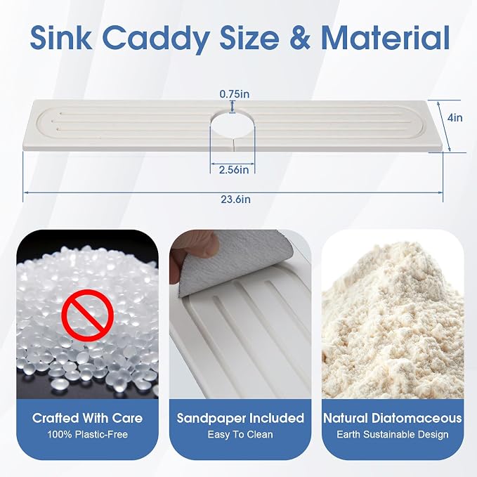Drying Stone Faucet Mat for Kitchen Sink, 23.9 Inch Long Kitchen Sink Splash Guard Behind Faucet, Stone Drying Tray, Ultra Fast Absorbing Mat Diatomaceous Earth, Pure white - Image 3