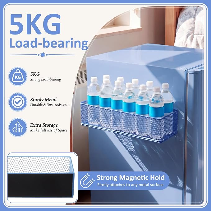 FoldTier 1 Pack Blue Magnetic Basket Dorm Mini Fridge Shelf Organizer Kitchen Storage Bin Container Spice Holder for Locker Refrigerator Pantry Dorm Essentials (13.8 x 3.1 x 4.9 Inch) - Image 4