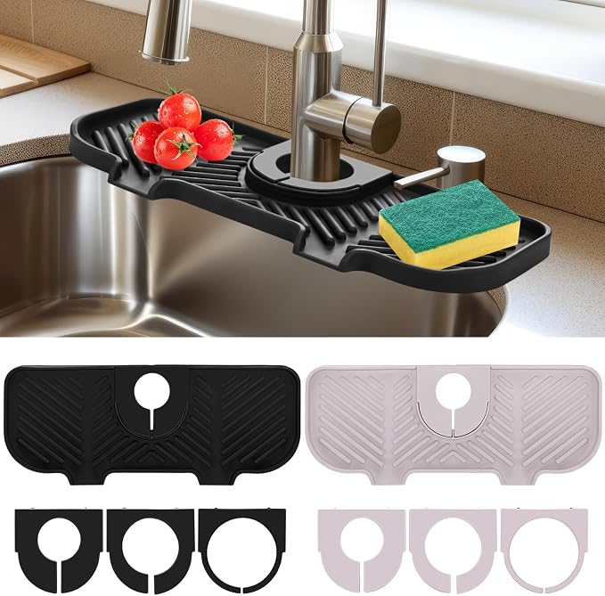 Teenyyou 2 Pcs Silicone Faucet Splash Guard 10.6 ” x 4.3” Kitchen Sink Splash Guard Faucet Mat for Kitchen Mat Catcher Black and Grey Sink Accessories for Bathroom by Teenyyou