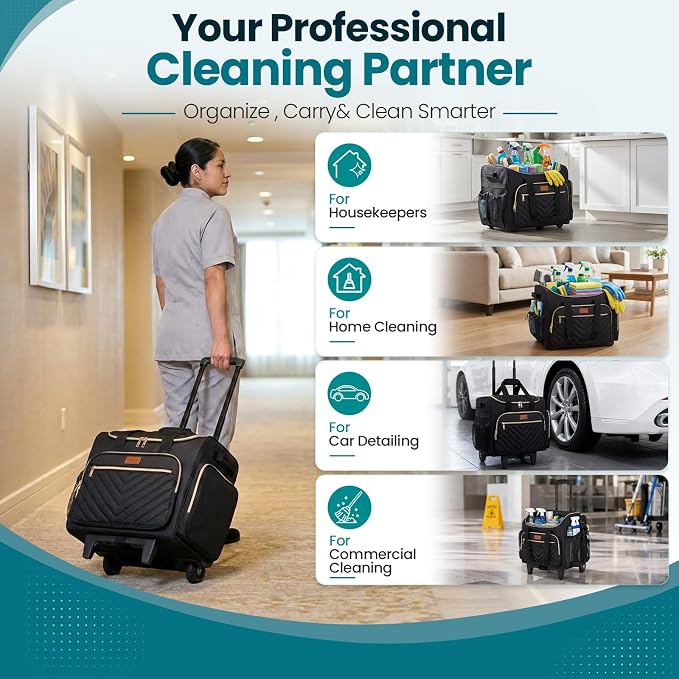 INSMEER Cleaning Caddy with Wheels,3 Removable Clear Bag and 1 Shoulder Bag | Large Cleaning Cart on Wheels,Water Resistant Cleaner Supplies Organizer with Wheels for Kitchen, Tool Organizer - Image 6