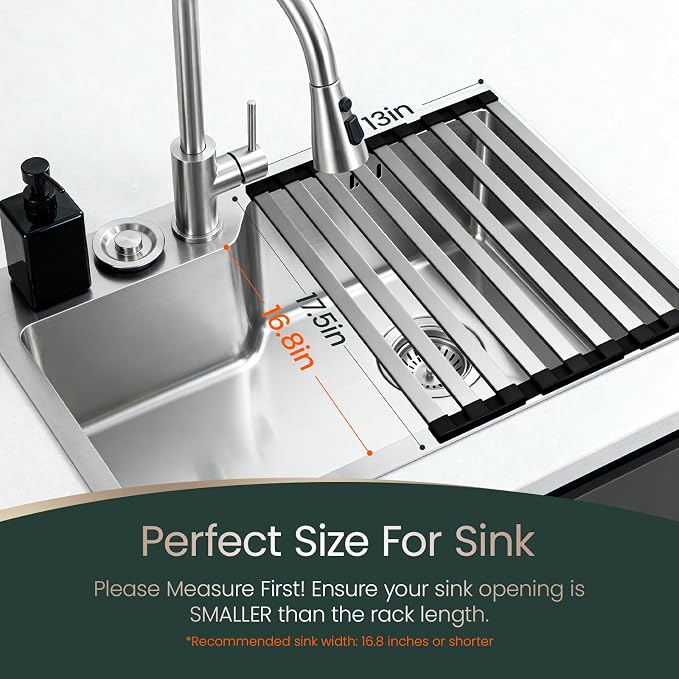 Meowoo Rectangle Dish Drying Rack, 17.5" x 13" Roll Up Over The Sink Dish Drainer Rack, Non-Slip Silicone Base, Stainless Steel Sink Drying Rack for Kitchen, Black - Image 3
