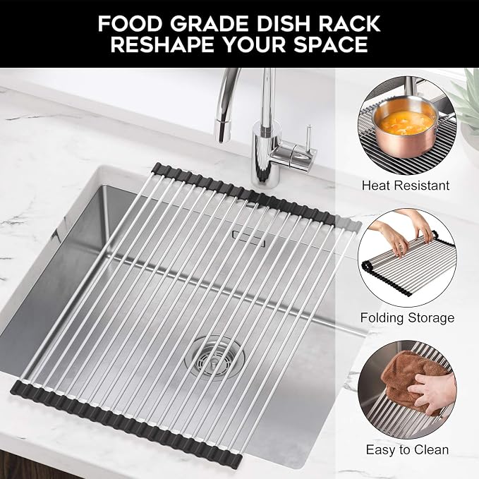 SunCleanse Roll Up Dish Drying Rack, Over The Sink Dish Drying Rack Kitchen Rolling Dish Drainer, Foldable Sink Rack Mat for Kitchen Sink Counter (17.8"x11.8") | Kitchen counter mat, rolling design, stainless steel, multipurpose, space-saving and stable - Image 3